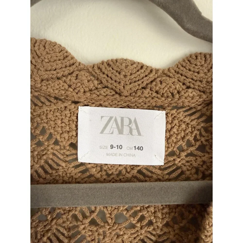 Zara Kids Crochet Open Knit Button Down Sleeveless Cardigan Brown Cottage 9/10 - Picture 6 of 7